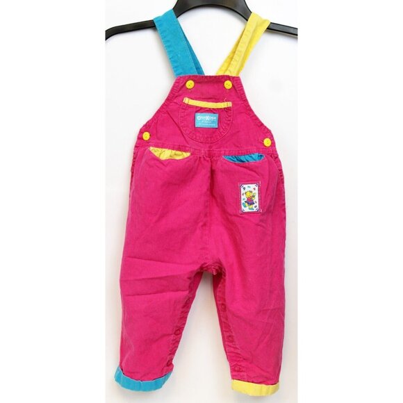 Vtg 90s Oshkosh Pink Colorblock Overalls girls 2T Dancing Bear Woven Flower USA - Picture 1 of 11